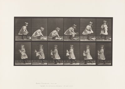 Skylt 481. Barn, lyfter en docka, vänder och går av, 1885 av Eadweard Muybridge
