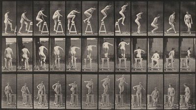 Plansch nummer 171. Kliva upp på en bock, hoppa ner och vända sig av Eadweard Muybridge