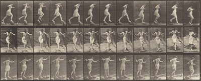 Skylt nummer 175. Korsande bäck på trappstenar med fiskespö och burk av Eadweard Muybridge