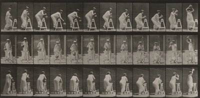 Plansch nummer 216. Böjer sig för att fylla en vattenkruka och placerar den på huvudet av Eadweard Muybridge