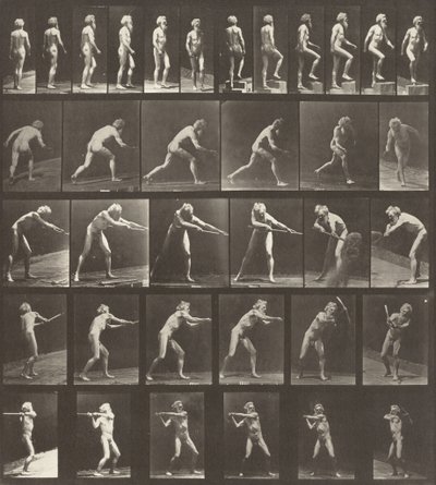 Skylt nummer 521. A: Gående. B: Går upp ett steg. C: Kasta disken. D: Använda en spade. E, F: Använda en pick av Eadweard Muybridge