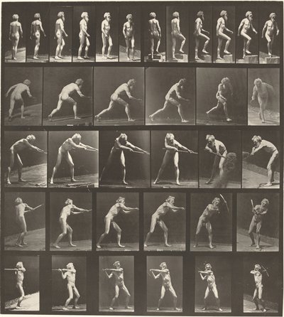 Skylt nummer 521. A: Gående. B: Stigande steg. C. Kastskiva. D: Använd spade. E, F. Använda pick av Eadweard Muybridge