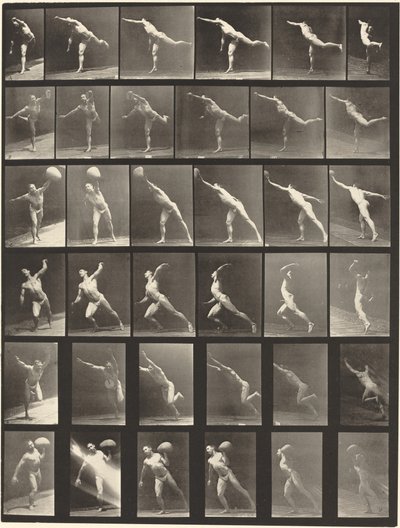 Plåt nummer 523. A: Slå ett slag. B, E: Kastskiva. C, F: Lyfter en 75-lb. sten. D: Kasta en boll av Eadweard Muybridge