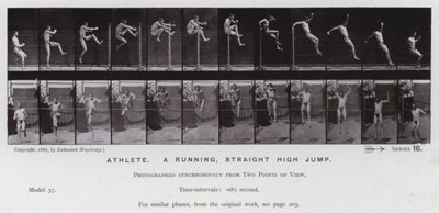 The Human Figure in Motion: Atlet, ett löpande, rakt höjdhopp (s/v-foto) av Eadweard Muybridge
