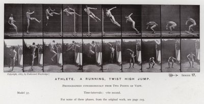 The Human Figure in Motion: Atlet, ett springande, vridet höjdhopp (s/v foto) av Eadweard Muybridge