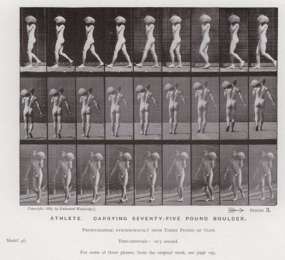 Den mänskliga figuren i rörelse: Idrottsman, bärande 75 pund stenblock (s/v foto) av Eadweard Muybridge