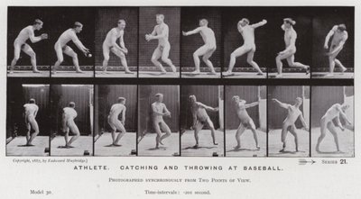 Den mänskliga figuren i rörelse: Idrottare, fånga och kasta på baseboll (s/v foto) av Eadweard Muybridge