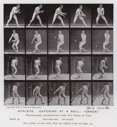 Den mänskliga figuren i rörelse: Idrottsman som fångar en boll, "fel" (s/v-foto) av Eadweard Muybridge