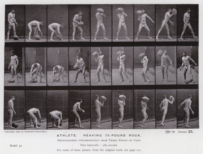 Den mänskliga figuren i rörelse: Idrottsman som lyfter en sten på 75 pund av Eadweard Muybridge