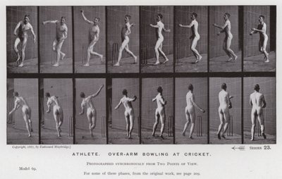The Human Figure in Motion: Atlet, bowling över armar på cricket (s/v foto) av Eadweard Muybridge