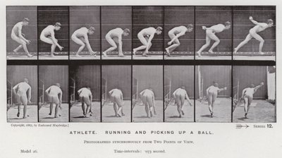 Den mänskliga figuren i rörelse: idrottare, springer och plockar upp en boll (s/v foto) av Eadweard Muybridge