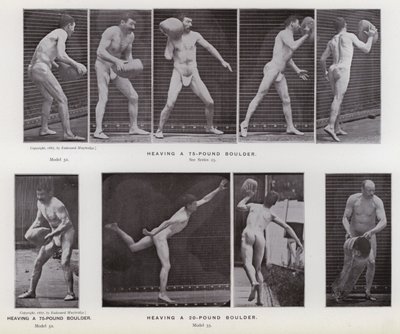 Den mänskliga figuren i rörelse: Hängande ett stenblock på 75 pund; Hänger ett stenblock på 20 pund (s/v foto) av Eadweard Muybridge