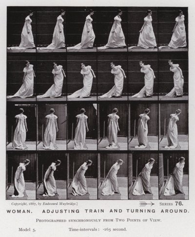 Den mänskliga figuren i rörelse: Kvinna, justerar tåget och vänder sig om (s/v foto) av Eadweard Muybridge