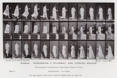 Den mänskliga figuren i rörelse: Kvinna som går ner för en trappa och vänder sig om (s/v foto) av Eadweard Muybridge