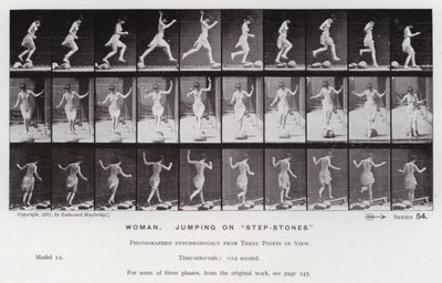 Den mänskliga figuren i rörelse: Kvinna som hoppar på "stegstenar" (s/v foto) av Eadweard Muybridge