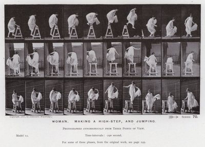 Den mänskliga figuren i rörelse: Kvinnan tar ett högt steg och hoppar (s/v foto) av Eadweard Muybridge