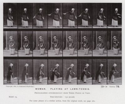 The Human Figure in Motion: Kvinna som spelar på grästennis (s/v foto) av Eadweard Muybridge