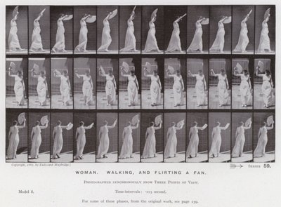 The Human Figure in Motion: Kvinna som går och flirtar ett fan (s/v-foto) av Eadweard Muybridge