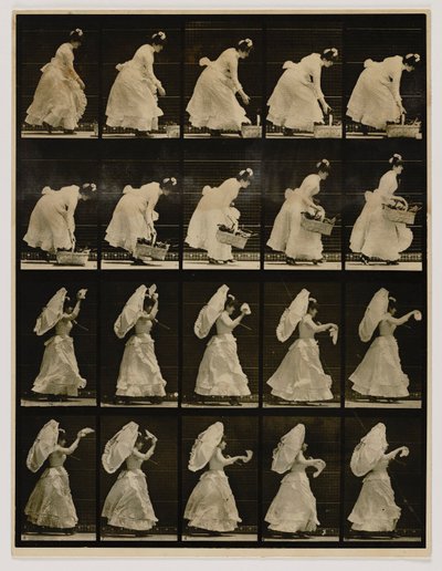 Kvinna lyfter en korg och viftar med en näsduk, från boken Animal Locomotion av Eadweard Muybridge