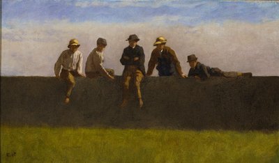 Five Boys on a Wall, ca 1875-1880 (olja på kompositionstavla) av Eastman Johnson