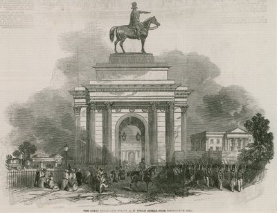 Den stora Wellington-statyn och bågen som den ser ut från Constitution Hill. av Ebenezer Landells