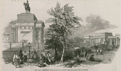 Den stora Wellington-statyn och bågen som den skulle se ut från Green Park, Piccadilly av Ebenezer Landells