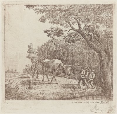 Fyra män och en tjur A Wild Bull (titel på objekt) av Eberhard Cornelis Rahms