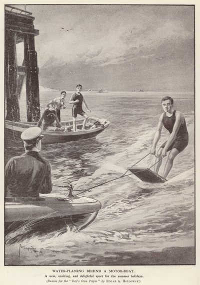 Vattenplaning bakom en motorbåt (litho) av Edgar Alfred (after) Holloway