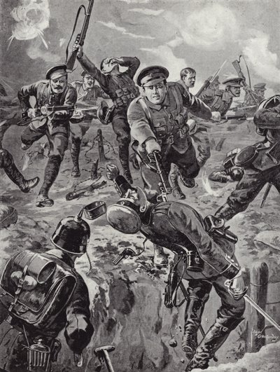 Korpral Joseph Davies och åtta män dirigerar med bajonetter en grupp tyskar som tidigare hade omringat dem, Delville Wood, Frankrike, 20 juli 1916 av Edgar Alfred Holloway