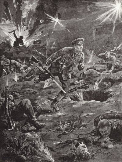 Löjtnant Benjamin Geary skyndar sig, under kraftig granatbeskjutning, till en skyttegrav till höger om Hill 60 för att komma i kontakt med en officer, Ypres, Belgien, april 1915 av Edgar Alfred Holloway