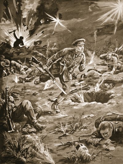 Löjtnant Geary skyndar, under kraftig granatbeskjutning, till ett skyttegrav till höger om Hill 60 för att komma i kontakt med en officer av Edgar Alfred Holloway