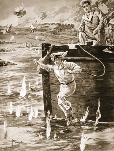 Midshipman Malleson hoppade med en lina från en pråm för att koppla ihop en annan pråm som drev av Edgar Alfred Holloway
