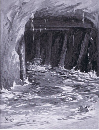 Second Corporal Collier kämpar sig ut ur ett gruvgalleri nästan fullt med vatten efter att ha avslutat sitt arbete (DCM) (litho) av Edgar Alfred Holloway