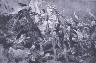 Maidens tillfångatagande före Compiegne, från Cassells History of the British People utgiven av Waverley Book Company Limited, ca 1940. av Edgar Bundy