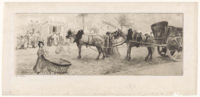 Utsikt över en boulevard med hästar uppträdda framför en vagn och en kvinna med barnvagn av Edgar Chahine