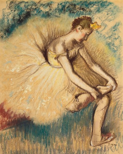 En dansare som sätter på sig sin sko; Dansare knyter sin sko, 1896 av Edgar Degas