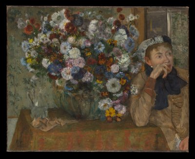En kvinna sittande bredvid en vas med blommor (Madame Paul Valpinçon) av Edgar Degas