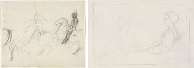 Stridsscen med pansarfigurer på hästryggen (recto) Två sittande kvinnor (verso) av Edgar Degas
