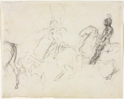 Stridsscen med pansarfigurer på hästryggen recto två sittande kvinnor ago, 1856-1860. av Edgar Degas