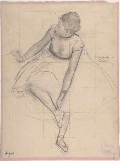 Dancer Adjusting Her Slipper, 1873 (grafit, förstärkt med svart och vit krita på rosa papper) av Edgar Degas