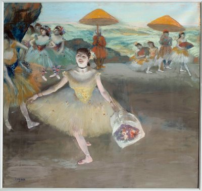 Dansare med buketthälsning på scen Målning av Edgar Degas (1834-1917). 1878. Sön 0,72x0,77 m Musee d