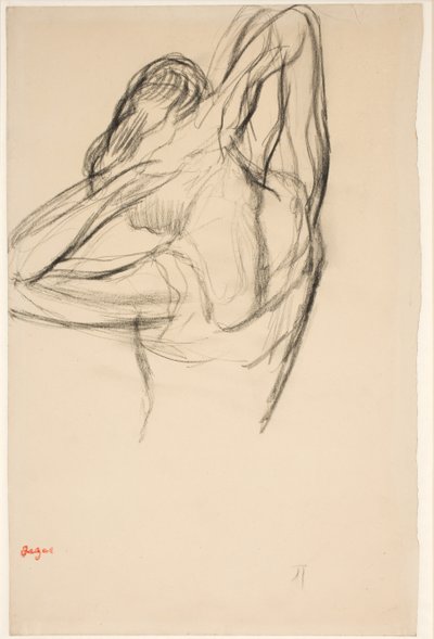 Dansare som sätter sitt hår; halvfigur i profil till vänster, hälften bakifrån av Edgar Degas