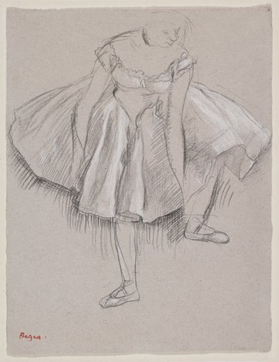 Danseuse rajustant son chausson, tidigt 1880-tal (kol och pastell på papper) av Edgar Degas