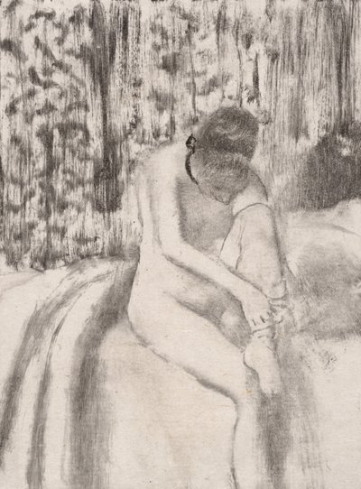 Flickan tar på sig strumpor, 1876-77. av Edgar Degas
