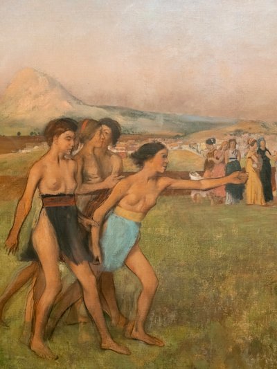 Små spartanska flickor som provocerar pojkar (detalj). Omkring 1860-1862, återupptagen före 1880. Olja på duk av Edgar Degas