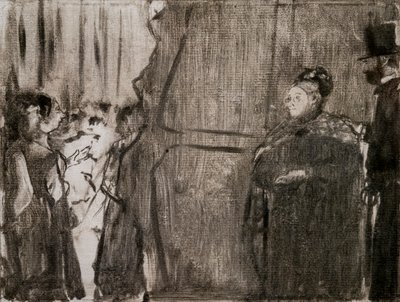 Möt Ludivic Halevy och Madame Cardinal bakom kulisserna. Omkring 1876-1877. Monotyp har svart bläck. av Edgar Degas