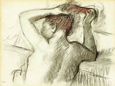 Naken kvinna som stylar hennes hår av Edgar Degas