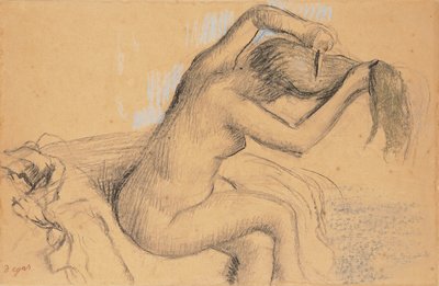 Naken kvinna som stylar hennes hår; Naken kvinna som kammar sitt hår, ca 1890-1895 av Edgar Degas