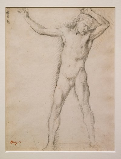 Naket ansikte, höjda armar, cirka 1859-1861. Grafit på velinpapper. av Edgar Degas