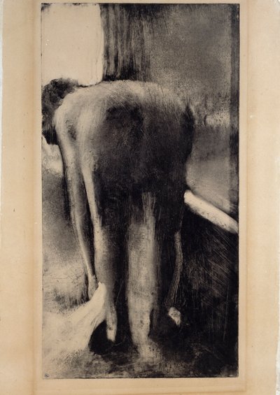 Naken kvinna sveper sina fötter nära sitt badkar Monotypi i svart bläck av Edgar Degas (1834-1917) 1879-1883 Sön. 0,45 x 0,23 m Paris. Louvren av Edgar Degas